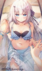 Rule 34 | 1girl, :o, bikini, blue eyes, blush, breasts, crop top, grey hair, liver city, long hair, looking at viewer, mirror, reflection, shindoi akio, solo, swimsuit, swimsuit cover-up, tanoma suzume (vtuber), virtual youtuber