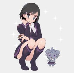 Rule 34 | 1boy, ace trainer (pokemon), ace trainer (pokemon) (cosplay), black hair, boots, calem (pokemon), closed mouth, clothed pokemon, commentary request, cosplay, creatures (company), dress, espurr, eyelashes, game freak, gen 6 pokemon, grey eyes, hair ornament, hairclip, hand up, highres, holding, holding poke ball, knee boots, knees, long sleeves, looking at viewer, luxury ball, male focus, nail polish, neck ribbon, nintendo, poke ball, pokemon, pokemon (creature), pokemon xy, red nails, ribbon, sana (37pisana), shiny skin, short hair, smile, sparkle, squatting, thighs, white ribbon