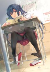 Rule 34 | 1girl, black hair, black panties, black pantyhose, book, brown eyes, chair, classroom, closed mouth, collared shirt, day, dutch angle, eraser, feet, hair between eyes, highres, holding, holding book, indoors, loafers, locker, miniskirt, open book, original, panties, pantyhose, reading, red skirt, scan, school, school uniform, shirt, shoe dangle, shoes, unworn shoes, short sleeves, sidelocks, sitting, skirt, smile, solo, table, taira tsukune, toes, twintails, underwear, uwabaki, white footwear, white shirt