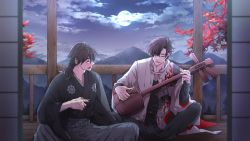 Rule 34 | 2boys, :d, ^ ^, autumn leaves, balcony, black hair, black kimono, black pants, black shirt, closed eyes, cloud, cup, dragon print, facing another, fate/grand order, fate (series), feet out of frame, full moon, grey hakama, hair between eyes, hair over one eye, hakama, holding, holding cup, indian style, instrument, jacket, japanese clothes, kimono, leaf, long hair, low ponytail, male focus, maple leaf, masaki (star8moon), moon, mountain, multiple boys, music, night, open mouth, pants, parted lips, playing instrument, red hair, sakamoto clan (emblem), sakamoto ryouma (fate), sakamoto ryouma (lancer) (fate), shamisen, shirt, short hair, shouji, sitting, sliding doors, smile, takasugi shinsaku (fate), takasugi shinsaku (first ascension) (fate), white jacket, wooden floor