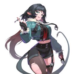 1girl :p absurdres animal_ears black_gloves black_hair black_shorts blunt_bangs brown_pantyhose cowboy_shot fingerless_gloves fingernails fur-trimmed_jacket fur_trim gloves green_eyes green_jacket high-waist_shorts highres holding holding_weapon jacket jane_doe_(zenless_zone_zero) long_hair looking_at_viewer mouse_girl multicolored_hair pantyhose red_hair red_nails shorts sidelocks simple_background single_leg_pantyhose single_thighhigh smile solo tail thighhighs tongue tongue_out torn_clothes torn_pantyhose two-tone_hair weapon white_background y_frt zenless_zone_zero