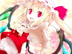 Rule 34 | 1girl, ascot, bad id, bad pixiv id, blonde hair, embodiment of scarlet devil, fang, female focus, flandre scarlet, foreshortening, hat, hat ribbon, oouso, open mouth, outstretched hand, red eyes, ribbon, shirt, side ponytail, skirt, skirt set, slit pupils, smile, solo, touhou, vest, wings