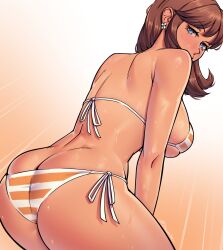 Rule 34 | 1girl, ass, back, bare shoulders, bikini, blue eyes, breasts, brown hair, butt crack, dracksart, freckles, from behind, gradient background, highres, large breasts, leaning forward, long hair, looking at viewer, looking back, mario (series), nintendo, orange background, princess daisy, side-tie bikini bottom, solo, striped bikini, striped clothes, super mario land, sweat, swimsuit