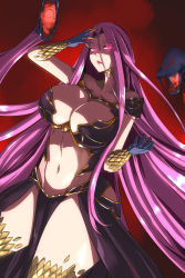 Rule 34 | 1girl, absurdres, breasts, bustier, fate/grand order, fate (series), forehead, glowing, glowing eyes, gorgon (fate), highres, kowatsu no break, large breasts, long hair, medusa (fate), navel, purple eyes, purple hair, red background, revealing clothes, rider, scales, snake hair, solo, stomach, very long hair