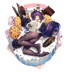Rule 34 | 1girl, ahoge, animal ears, ass, birthday, black pantyhose, blackberry (fruit), breasts, bulge, cake, camisole, candy, chocolate, cleavage, cookie, dk.senie, dog ears, dog tail, erection, erection under clothes, food, full body, futanari, happy birthday, heterochromia, highres, icing, in food, large breasts, lollipop, looking at viewer, lying, no pants, on side, original, oversized food, oversized object, pantyhose, penis, purple hair, short hair, smile, solo, tail, wafer stick