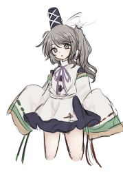 Rule 34 | 1girl, black hat, black skirt, commentary request, cropped legs, grey eyes, grey hair, hat, highres, japanese clothes, kariginu, long hair, long sleeves, looking at viewer, mononobe no futo, open mouth, pipita, pom pom (clothes), ponytail, ribbon-trimmed sleeves, ribbon trim, simple background, skirt, solo, tate eboshi, touhou, white background