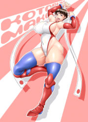 Rule 34 | 1girl, bodysuit, boots, breasts, brown hair, character name, covered erect nipples, detached sleeves, elbow gloves, full body, gloves, headband, highleg, highleg leotard, highres, kotobuki makoto, large breasts, leotard, mach breakers, namco, nipples, numan athletics, open mouth, short hair, skindentation, standing, standing on one leg, thick thighs, thighhighs, thighs
