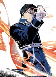 Rule 34 | 1boy, black hair, blue jacket, closed mouth, cofffee, fire, fullmetal alchemist, jacket, looking at viewer, male focus, military, military uniform, roy mustang, serious, short hair, simple background, solo, uniform, upper body, white background
