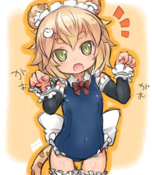 Rule 34 | 1girl, :d, animal ears, blonde hair, blue one-piece swimsuit, blush, borrowed character, cat ears, cat tail, child, commentary request, covered navel, cowboy shot, detached sleeves, fang, frilled hairband, frilled thighhighs, frills, fukurou (owl222), green eyes, hair ornament, hairband, hairclip, lion ears, lion tail, looking at viewer, one-piece swimsuit, open mouth, orange background, original, paw pose, ribbon, school swimsuit, short hair, smile, solo, standing, swimsuit, tail, thick eyebrows, thighhighs