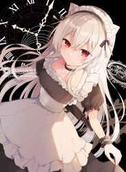 Rule 34 | 1girl, animal ear fluff, animal ears, apron, arm behind back, black choker, black dress, cat ears, choker, clock, closed mouth, collarbone, commentary request, commission, dress, english text, frilled apron, frills, fukunoki tokuwa, grey hair, gun, hair between eyes, highres, holding, holding gun, holding weapon, long hair, maid, maid headdress, original, puffy short sleeves, puffy sleeves, red eyes, roman numeral, short sleeves, skeb commission, solo, very long hair, watermark, weapon, weapon request, white apron, wrist cuffs