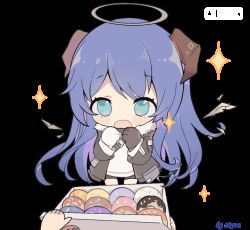 Rule 34 | 1girl, animated, animated gif, arknights, artist name, asymmetrical gloves, black gloves, black jacket, black shorts, blue eyes, blue hair, blush, chibi, cowboy shot, demon girl, demon horns, demon tail, detached wings, doughnut, energy wings, food, fur-trimmed hood, fur trim, gloves, halo, hands up, hood, horns, jacket, long hair, matsu jamu, mismatched gloves, mostima (arknights), open clothes, open jacket, open mouth, pastry box, shirt, shorts, sparkle, tail, transparent background, white gloves, white shirt, wings