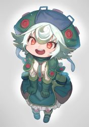 Rule 34 | 1girl, :d, absurdres, blouse, blue headwear, breasts, child, clenched hand, commentary request, dress, green dress, green eyes, green hair, green headwear, green necktie, grey background, highres, light green hair, long sleeves, made in abyss, maromayu, medium breasts, multicolored hair, necktie, open mouth, prushka, red eyes, shirt, shoes, simple background, smile, solo, streaked hair, teeth, two-tone headwear, upper teeth only, white shirt