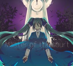 Rule 34 | 1girl, asterisk (oa ir), backlighting, bird, blue dress, blue ribbon, clock, clock tower, clockworker&#039;s doll, closed eyes, dress, forest, full moon, hair ribbon, hatsune miku, houtei no nushi, long hair, master of the court (vocaloid), moon, nature, night, night sky, pale skin, purple sky, ribbon, silhouette, sky, smile, solo, song name, tower, tree, twintails, very long hair, victorian, vocaloid