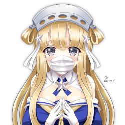 Rule 34 | 1girl, blonde hair, blue shirt, breasts, cleavage, covered mouth, double bun, fletcher (kancolle), gloves, grey eyes, hair bun, hair ornament, hairband, highres, kantai collection, large breasts, long hair, mask, mouth mask, off shoulder, sailor collar, school uniform, serafuku, shirt, solo, star (symbol), star hair ornament, surgical mask, tk8d32, upper body, white gloves, white sailor collar