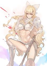 Rule 34 | 1girl, :q, armor, axe, battle axe, biceps, bikini armor, blonde hair, blood, blue eyes, bow, breasts, charlotte (fire emblem), cleavage, female focus, fire emblem, fire emblem fates, gauntlets, greaves, hair bow, iriya (lonesome), large breasts, long hair, looking at viewer, midriff, muscular, navel, nintendo, smile, solo, spikes, toned, tongue, tongue out, wavy hair, weapon, white bow