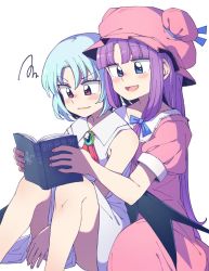 Rule 34 | 2girls, :d, anarogumaaa, ascot, bad id, bad twitter id, bat wings, black wings, blue bow, blue eyes, blue hair, blue ribbon, blunt bangs, book, bow, brooch, commentary request, double bun, dress, hair bow, hair bun, hair ribbon, hat, hat ribbon, jewelry, knees up, long hair, multiple girls, open mouth, patchouli knowledge, pink dress, pink hat, puffy short sleeves, puffy sleeves, purple hair, red ascot, red eyes, remilia scarlet, ribbon, short sleeves, simple background, sitting, sleeveless, sleeveless dress, smile, squiggle, touhou, tress ribbon, tsurime, very long hair, white background, white dress, wings