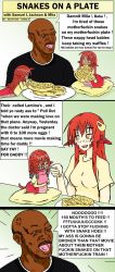 Rule 34 | 1boy, 1girl, crossover, dark skin, english text, hair between eyes, hair ornament, hairclip, highres, jmantime, lamia, miia (monster musume), monster girl, monster musume no iru nichijou, pointy ears, real life, red hair, samuel l. jackson, slit pupils, snakes on a plane, text focus, yellow eyes