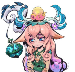 Rule 34 | 1girl, animal ears, antlers, bare shoulders, blonde hair, blue eyes, blush, breasts, closed mouth, colored skin, hair between eyes, hair ornament, holding, holding staff, horns, horse ears, horse girl, league of legends, lillia (league of legends), long hair, looking at viewer, multicolored hair, phantom ix row, shan hai scrolls lillia, simple background, small breasts, smile, solo, staff, taur, tearing up, upper body, white background