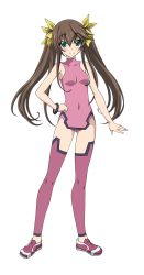 Rule 34 | 10s, 1girl, bodysuit, bracelet, brown hair, collarbone, covered navel, eyebrows, full body, green eyes, hair ribbon, hand on own hip, highres, huang lingyin, infinite stratos, jewelry, leotard, long hair, looking at viewer, pilot suit, pink thighhighs, ribbon, smile, solo, thighhighs, transparent background, twintails, yellow ribbon