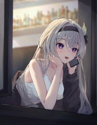 1girl absurdres bare_shoulders black_hairband black_jacket breasts camisole cellphone cleavage commentary english_commentary firefly_(honkai:_star_rail) grey_hair hair_between_eyes hair_intakes hair_ribbon hairband hands_on_own_chin hey_catia highres holding holding_phone honkai:_star_rail honkai_(series) jacket long_hair lying medium_breasts on_stomach open_mouth phone ribbon shirt sleeveless sleeveless_shirt smartphone smile talking_on_phone teeth two-tone_eyes upper_body upper_teeth_only white_camisole white_shirt window