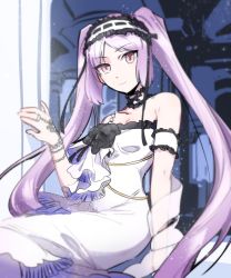Rule 34 | 1girl, aniki (chaji1129), bare shoulders, choker, dress, fate/hollow ataraxia, fate (series), frills, hairband, highres, jewelry, lolita hairband, long hair, looking at viewer, purple eyes, purple hair, ring, sitting, smile, solo, stheno (fate), strapless, strapless dress, twintails, very long hair, white dress