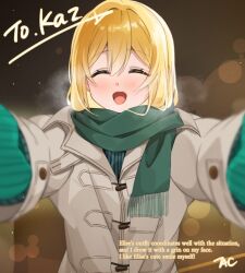 Rule 34 | 1girl, blonde hair, blush, closed eyes, coat, commentary request, commission, english text, green mittens, green scarf, green sweater, grey coat, hair between eyes, happy, long hair, long sleeves, mittens, open mouth, original, scarf, skeb commission, solo, sweater, taku pi, tongue
