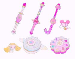 Rule 34 | blonde hair, blunt bangs, brown eyes, commentary, compact (cosmetics), creature, dodo (ojamajo doremi), double bun, dress, fairy, full body, hair bun, highres, musical note, ojamajo doremi, pepparmint310, pink eyes, pink hair, simple background, symbol-only commentary, toto (ojamajo doremi), wand, white background, wing hair ornament