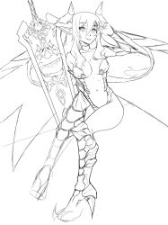 Rule 34 | 1girl, boots, breasts, center opening, choker, chuunioniika, cleavage, demon girl, demon horns, detached sleeves, fearless night, greyscale, hell princess, high heel boots, high heels, highres, horns, knee boots, large breasts, low wings, md5 mismatch, monochrome, navel, pigeon-toed, pointy ears, sketch, smile, sword, weapon, wings