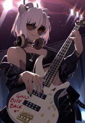 1girl absurdres animal_ear_fluff black_choker black_jacket black_nails breasts chinchilla_ears chinchilla_girl choker cleavage crop_top dragon_horns glasses guitar headphones headphones_around_neck heart highres holding holding_guitar holding_instrument horns indie_virtual_youtuber instrument jacket jewelry lips midriff navel necklace open_clothes open_jacket peesh_san round_eyewear sansin_jin short_hair solo stage_lights virtual_youtuber yellow_eyes