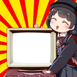 Rule 34 | 1girl, ^ ^, aged down, backpack, bag, black hat, black jacket, blazer, blush, bow, bowtie, child, closed eyes, cowboy shot, crt, facing viewer, hair over shoulder, hand on table, hand up, hat, head tilt, jacket, long sleeves, low twintails, nijisanji, red background, red bag, red bow, red bowtie, sandaru (sandalion1), solo, standing, sunburst, sunburst background, template, tsukino mito, tsukino mito (11th costume), twintails, two-tone background, virtual youtuber, yellow background