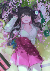 Rule 34 | 1girl, arms up, black hair, blush, bottle, branch, breasts, bud, clothes pull, dress, dress pull, fang, grey pantyhose, highres, kantai collection, large breasts, long hair, long sleeves, lying, multicolored hair, naganami (kancolle), on back, open clothes, open mouth, open shirt, pantyhose, pink hair, purple dress, shirt, sleeves past wrists, solo, spoken squiggle, squiggle, sweat, two-tone hair, white shirt, yellow eyes, yoyoyotto