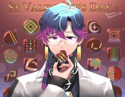 Rule 34 | 1boy, beatmania, beatmania iidx, black nails, black shirt, blue hair, braid, braided ponytail, brown background, chain, chain necklace, chocolate, coat, commentary request, dr. phi, eating, fingernails, food, glasses, gradient hair, hair between eyes, hair over shoulder, half-closed eyes, highres, holding, holding food, jewelry, lab coat, long bangs, long hair, long sleeves, looking at viewer, male focus, mitarashi tsukune, multicolored hair, nail polish, necklace, open mouth, parted bangs, pink hair, purple eyes, rimless eyewear, round eyewear, shirt, single braid, solo, tongue, tongue out, twitter username, upper body, white coat