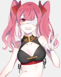 Rule 34 | 1girl, bare arms, bare shoulders, black shirt, bow, breasts, collarbone, crop top, eyepatch, grin, hair bow, highres, long hair, looking at viewer, medium breasts, original, pink hair, rairaisama, red eyes, shirt, simple background, sleeveless, sleeveless shirt, smile, solo, stomach, twintails, upper body, v, white background