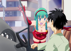 Rule 34 | 1boy, 1girl, aqua eyes, aqua hair, bare shoulders, boots, bra (dragon ball), breasts, choker, cleavage, condom, dragon ball, dragon ball gt, elbow gloves, enessef, gloves, hairband, leaning forward, looking at another, medium breasts, red footwear, red gloves, smile