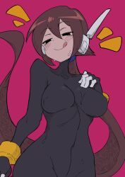 Rule 34 | 1girl, absurdres, aile (mega man zx), black bodysuit, black eyes, blush, bodysuit, breasts, brown hair, buzzlyears, covered collarbone, covered navel, highres, large breasts, licking lips, long hair, medium breasts, mega man (series), mega man zx, mega man zx advent, no pants, no shirt, paid reward available, pink background, ponytail, robot ears, smile, solo, sweatdrop, tongue, tongue out, upper body