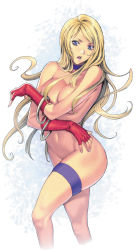 Rule 34 | 1girl, bangle, blonde hair, blue eyes, bracelet, breasts, choker, covering privates, covering breasts, fatal fury, female focus, fingerless gloves, floating hair, garou: mark of the wolves, gloves, gradient background, highres, homare (fool&#039;s art), jenet behrn, jewelry, large breasts, long hair, navel, nude, purple eyes, snk, solo, the king of fighters, thigh strap