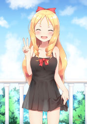 Rule 34 | 10s, 1girl, :d, ^ ^, bare arms, bare legs, black dress, blonde hair, blue sky, blush, bow, closed eyes, collarbone, commentary request, cowboy shot, day, dress, drill hair, eromanga sensei, facing viewer, hair bow, horizon, long hair, ocean, open mouth, outdoors, piripun, pointy ears, railing, red bow, see-through silhouette, signature, skirt hold, sky, sleeveless, sleeveless dress, smile, solo, standing, sundress, twin drills, v, yamada elf