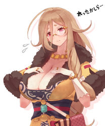 Rule 34 | 1girl, absurdres, ahoge, bag, blush, braid, breasts, brown hair, cleavage, closed mouth, creditta (princess connect!), flying sweatdrops, fur trim, hair between eyes, hair flaps, hair ribbon, hands on own breasts, highres, huge breasts, jewelry, long hair, looking at viewer, necklace, pink eyes, princess connect!, ribbon, side braid, simple background, solo, sweat, tsunekun, upper body, white background, white ribbon