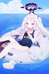 Rule 34 | 1girl, absurdres, blue archive, cloud, collarbone, drinking, drinking straw, hair ornament, hairclip, halo, highres, hina (blue archive), hina (swimsuit) (blue archive), innertube, long hair, ocean, purple eyes, rubber duck, school uniform, silver hair, sitting, sky, solo, swim ring, water