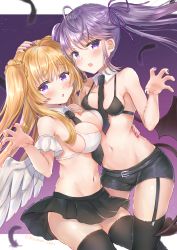 Rule 34 | 2girls, ahoge, angel wings, arm up, bare shoulders, between breasts, bikini, bikini top only, black bikini, black legwear, black shorts, black skirt, blonde hair, braid, breasts, claw pose, demon tail, demon wings, detached collar, feathered wings, feathers, fujimori shiki, garter straps, hair ribbon, hand on another&#039;s head, hand up, highres, long hair, looking at viewer, medium breasts, miniskirt, multiple girls, nail polish, navel, necktie, open mouth, original, parted lips, pleated skirt, purple eyes, purple hair, purple nails, red nails, ribbon, short shorts, shorts, skirt, small breasts, stomach, swimsuit, tail, thighhighs, twintails, two side up, white bikini, wings, zettai ryouiki