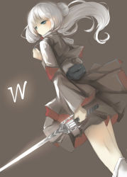 Rule 34 | 1girl, absurdres, grey background, highres, rapier, rwby, serious, simple background, solo, sword, weapon, weiss schnee, white hair