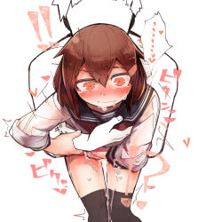 Rule 34 | !, !!, !?, 1boy, 1girl, black thighhighs, blush, brown hair, fingering, grabbing, grabbing from behind, hair between eyes, hair ornament, hairclip, heart, hetero, highres, ikazuchi (kancolle), kantai collection, partially colored, pussy juice, sailor collar, tears, thigh gap, thighhighs, zhui