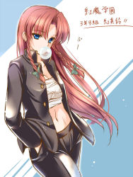 Rule 34 | 1girl, alternate costume, blue eyes, bow, braid, breasts, blowing bubbles, chewing gum, cleavage, gakuran, hair bow, hands in pockets, hong meiling, long hair, looking at viewer, medium breasts, midriff, monety, open clothes, open shirt, red hair, sarashi, school uniform, shirt, solo, touhou, twin braids