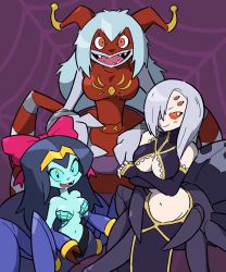 Rule 34 | 10s, 3girls, alternate form, aqua sclera, aqua skin, arachne, archnemon, arthropod girl, bad id, bad pixiv id, blue hair, breasts, breasts apart, claws, cleavage, colored sclera, colored skin, crossed arms, crossover, detached sleeves, digimon, digimon (creature), extra eyes, horns, insect girl, large breasts, light purple hair, long hair, medium breasts, monster girl, monster musume no iru nichijou, multiple crossover, multiple girls, multiple legs, navel, rachnera arachnera, red eyes, red skin, shantae, shantae (series), sharp teeth, shenanimation, smile, solid eyes, spider girl, taur, teeth, trait connection, transformation