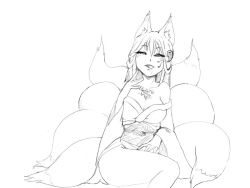 Rule 34 | 1girl, animal ears, breasts, camel (dansen), character request, cleavage, facial mark, female focus, fox ears, fox tail, hair ornament, monochrome, multiple tails, off shoulder, solo, tail, tongue, tongue out
