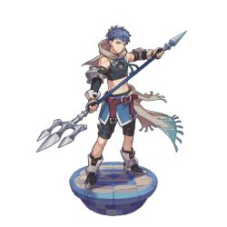 Rule 34 | 1boy, aqua eyes, bare shoulders, belt, blue hair, boots, dragalia lost, full body, hood, jakob (dragalia lost), looking at viewer, male focus, non-web source, official art, polearm, saitou naoki, solo, standing, transparent background, trident, weapon