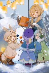 Rule 34 | 4girls, ahoge, alternate costume, animal ears, animal hood, arm up, arms up, artist name, back, beret, blonde hair, blue capelet, blue coat, blue skirt, blurry, blurry foreground, blush, boots, braid, branch, brown coat, brown eyes, brown flower, brown footwear, brown gloves, brown headwear, bucket, buckle, buttons, capelet, carrot, child, christmas tree, closed eyes, coat, commentary request, cross-shaped pupils, earmuffs, fake animal ears, fake tail, floral print, flower, food, forest, fur trim, genshin impact, gloves, green coat, green eyes, green hair, grey hair, grey scarf, grey sky, grey socks, hair between eyes, hair ornament, hand up, hands up, hat, highres, holding, holding bucket, hood, klee (genshin impact), lamp, leaf, leaf hair ornament, long hair, long sleeves, looking at another, looking to the side, looking up, lumine (genshin impact), mandarin collar, multicolored hair, multiple girls, nahida (genshin impact), nature, new (new gnsn), no headwear, open mouth, orange flower, outdoors, pocket, pointy ears, pom pom (clothes), ponytail, puffy long sleeves, puffy sleeves, purple footwear, purple hair, purple headwear, qiqi (genshin impact), rabbit ears, rabbit hood, rabbit tail, scarf, short hair, short hair with long locks, short twintails, side ponytail, sidelocks, skirt, sky, smile, snow, snowman, socks, symbol-shaped pupils, tail, tassel, teeth, tongue, twintails, two-tone hair, v-shaped eyebrows, vegetable, winter