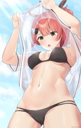 Rule 34 | 1girl, absurdres, ahoge, armpits, bikini, black bikini, blue sky, blush, breasts, commission, cowboy shot, from below, girls&#039; frontline, hair ornament, highres, lifted by self, medium breasts, mp7 (girls&#039; frontline), mp7 (lollipop ammo) (girls&#039; frontline), navel, official alternate costume, open mouth, ponytail, red hair, rynzfrancis, see-through, short sleeves, sky, solo, swimsuit, yellow eyes
