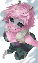 Rule 34 | absurdres, acid, ashido mina, bare shoulders, black sclera, bodysuit, boku no hero academia, boots, breasts, brown footwear, collarbone, colored sclera, colored skin, eye mask, facing up, fengling (furin-jp), foreshortening, from above, fur collar, fur trim, green bodysuit, grin, highres, horns, knee boots, looking at viewer, mask, medium breasts, messy hair, multicolored bodysuit, multicolored clothes, pink hair, pink skin, purple bodysuit, short hair, sleeveless, sleeveless bodysuit, smile, teeth, yellow eyes
