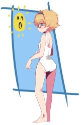 Rule 34 | 1girl, blonde hair, blue eyes, blush, child, freckles, from behind, full body, glasses, hairband, hys-d, little witch academia, looking at viewer, lotte jansson, one-piece swimsuit, profile, round eyewear, semi-rimless eyewear, short hair, solo, standing, sun, swimsuit, under-rim eyewear, white one-piece swimsuit